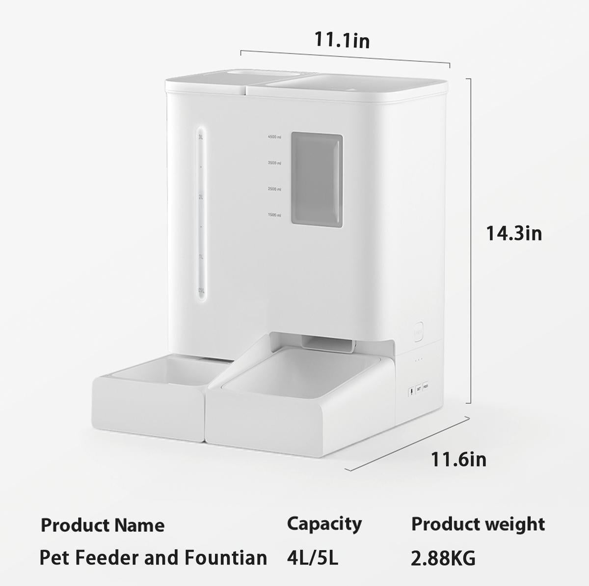 Automatic cat feeder and waterer in white with dual dispensers, 4L/5L capacity, shown with dimensions and specifications.