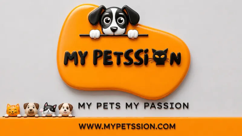 Logo of 'My Petssion' with a dog illustration and text on an orange and gray background.