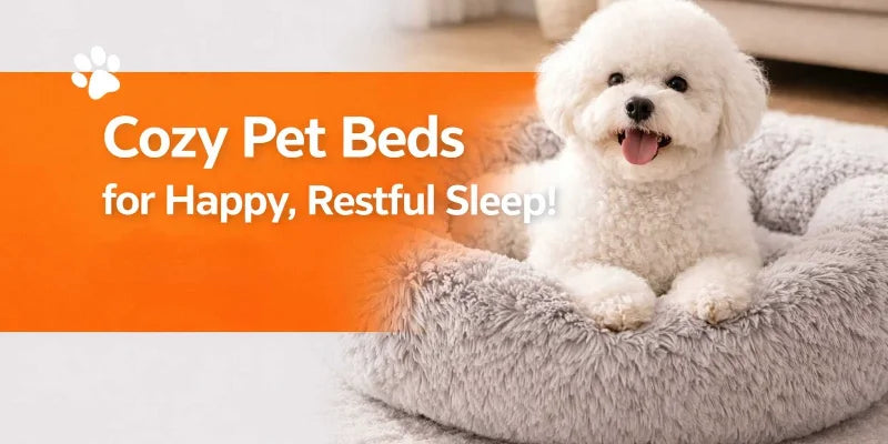 White dog on a fluffy gray pet bed with an orange banner above it containing text about cozy pet beds.