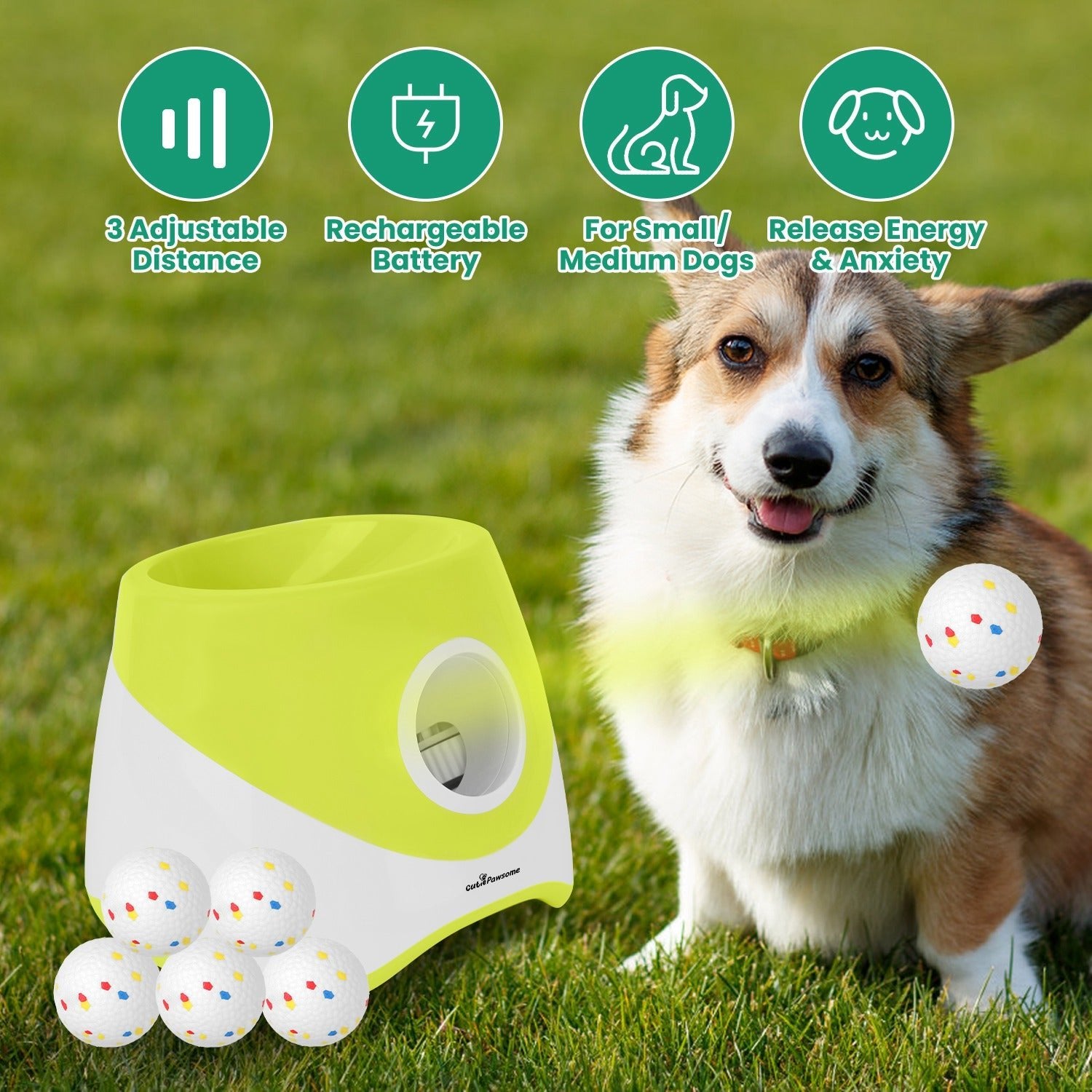 Automatic dog ball launcher in lime green with colorful balls, displayed outdoors next to a small dog on grass.