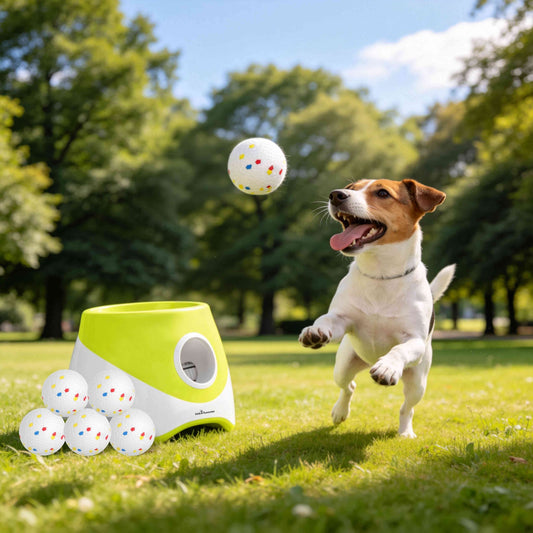 Automatic dog ball launcher in action with small dog jumping for colorful dotted ball in outdoor park setting.