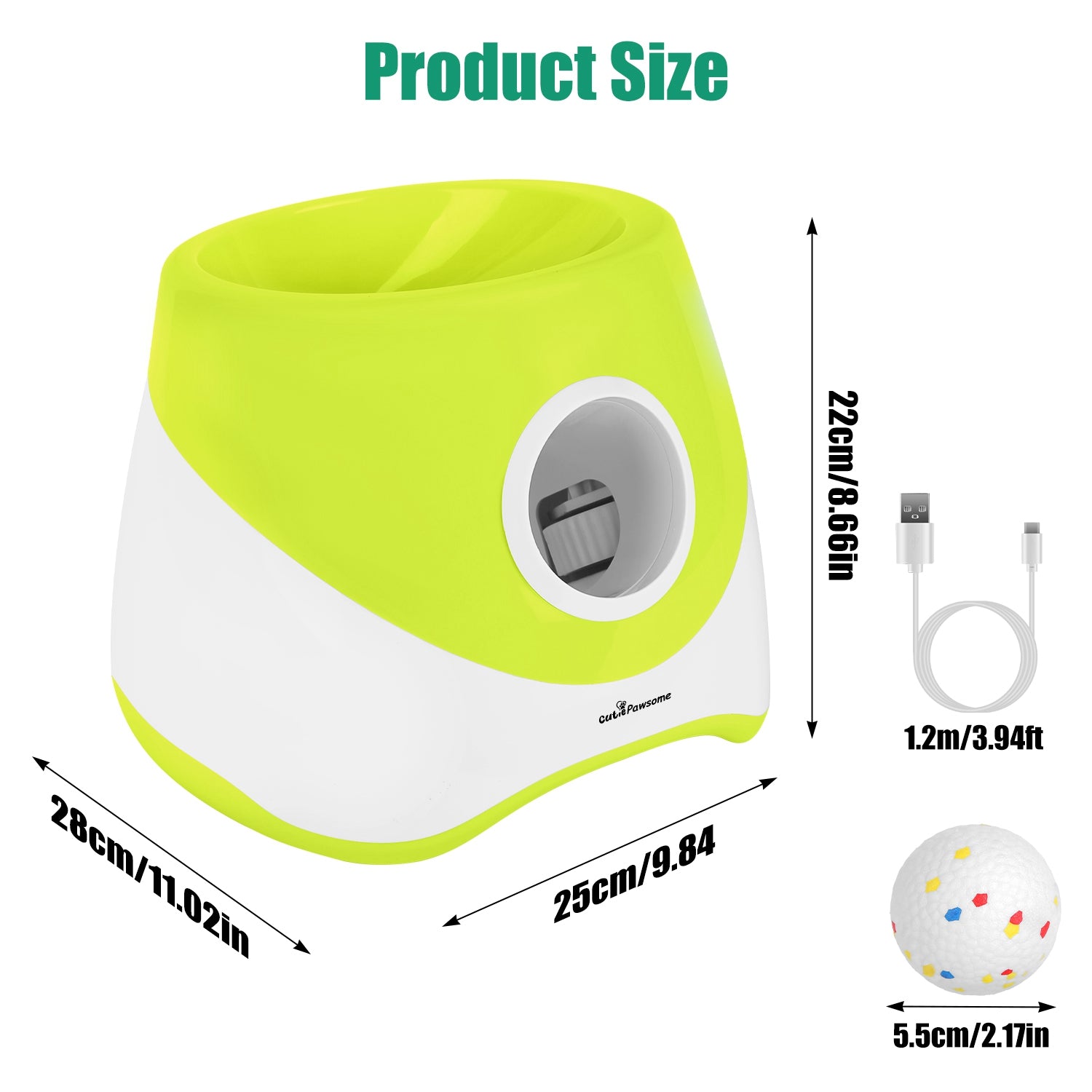 Automatic dog ball launcher in lime green with product dimensions, USB charger, and interactive fetch ball included.