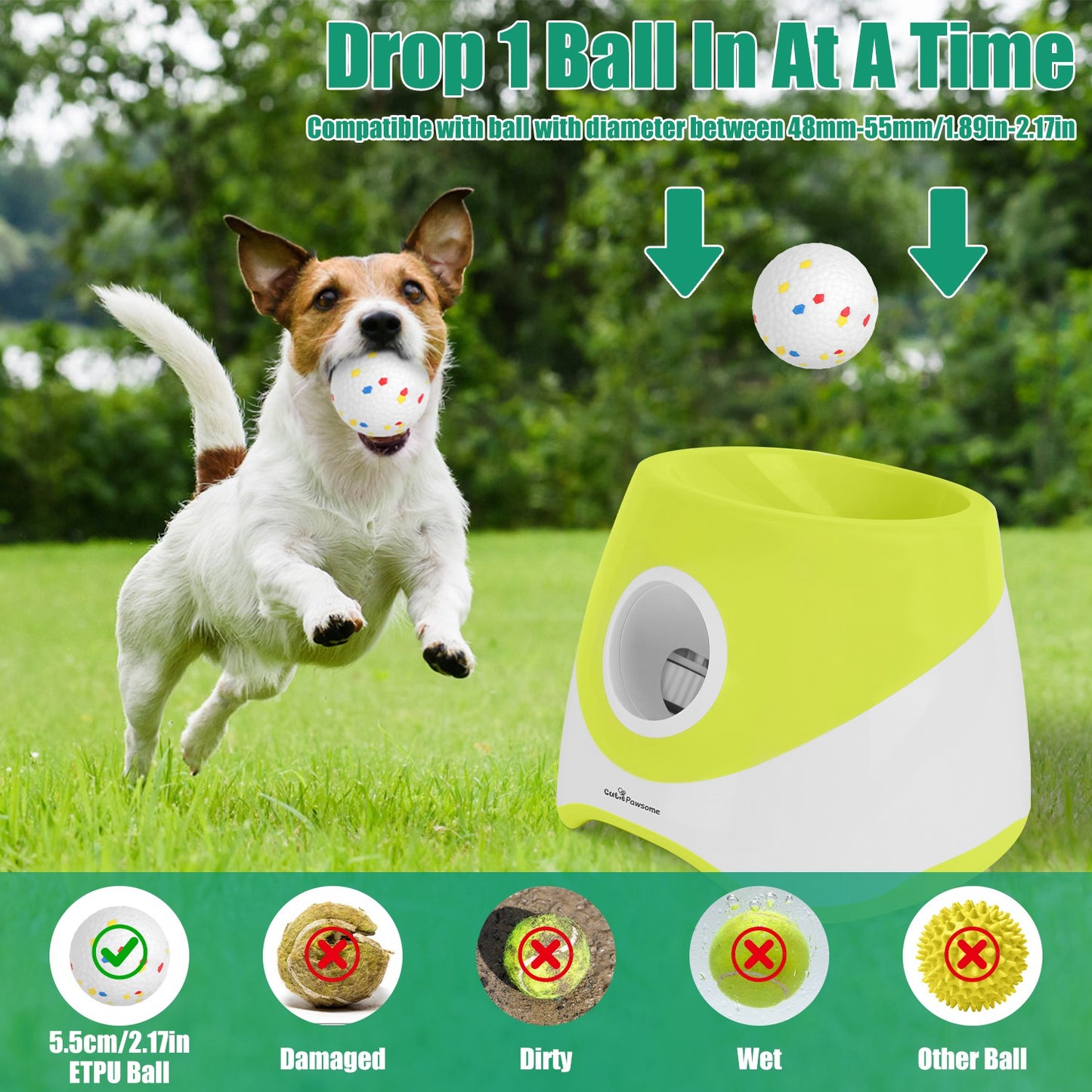 Automatic dog ball launcher in lime green with small dog playing fetch outdoors, showing 48-55mm compatible ball size and thr
