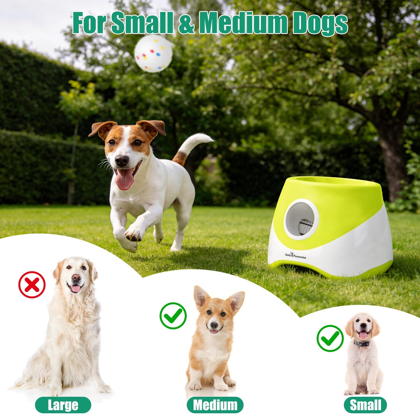 Automatic dog ball launcher for small and medium dogs in lime-green, shown in outdoor garden setting with active terrier and 