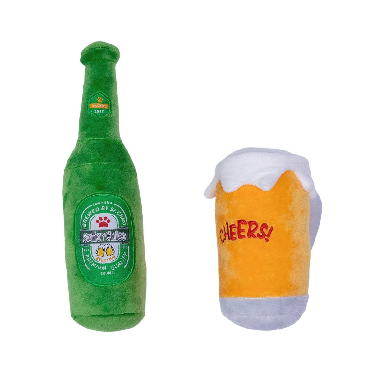 Beer Bottle & Cheers Glass Plush Dog Toy Set