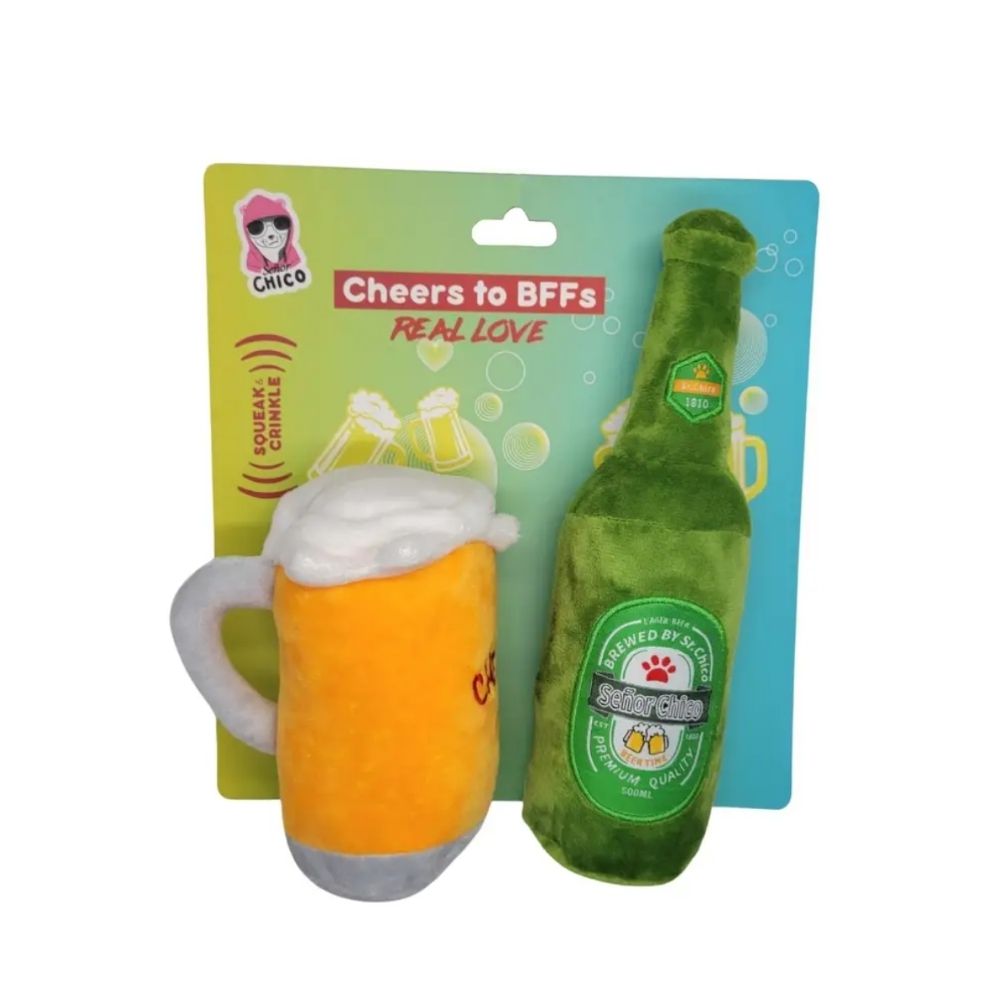 Beer Bottle & Cheers Glass Plush Dog Toy Set