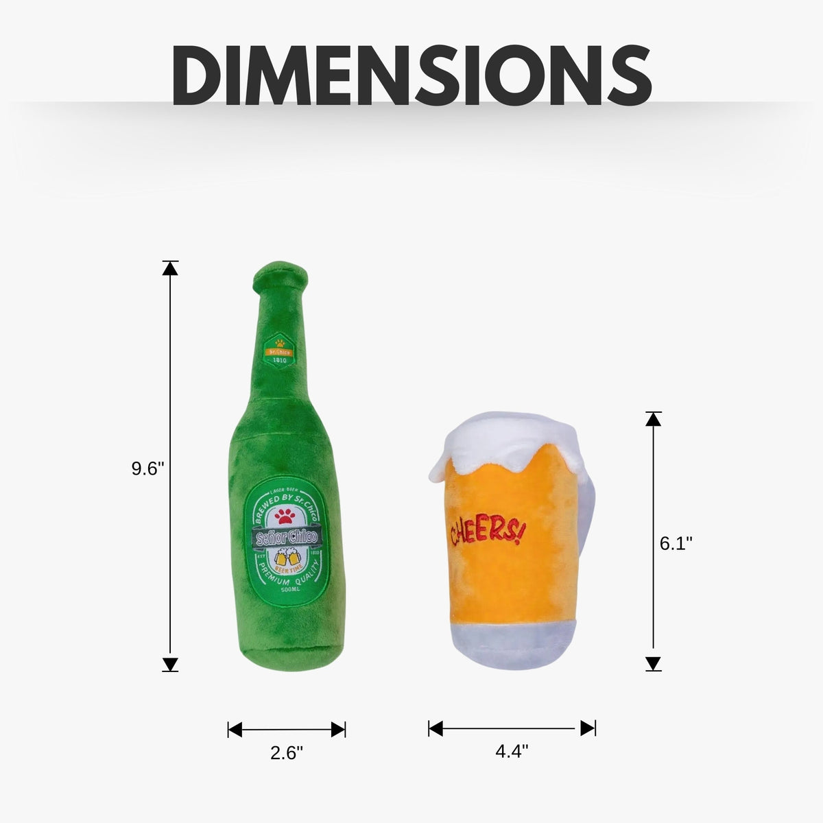 Beer Bottle & Cheers Glass Plush Dog Toy Set