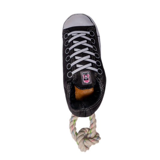 Black Squeaky Plush Sneaker Dog Toy with Treat Pocket