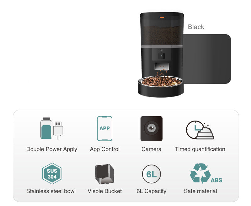 Black pet food dispenser with features listed on a white background