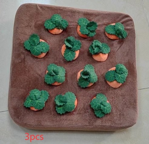 Carrot plush toy puzzle mat with 12 green-topped carrots on brown felt for interactive pet foraging games.
