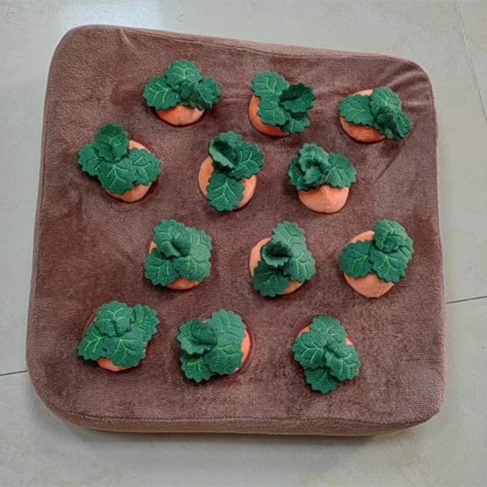 Carrot plush toy puzzle mat with twelve hide-and-seek carrots featuring green leaves on brown felt base.