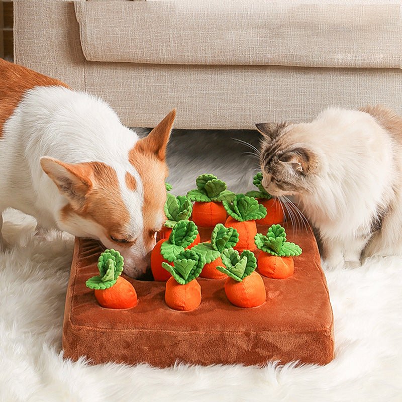Carrot puzzle mat toy with plush carrots and hide-and-seek design, two cats playing with interactive foraging toy.