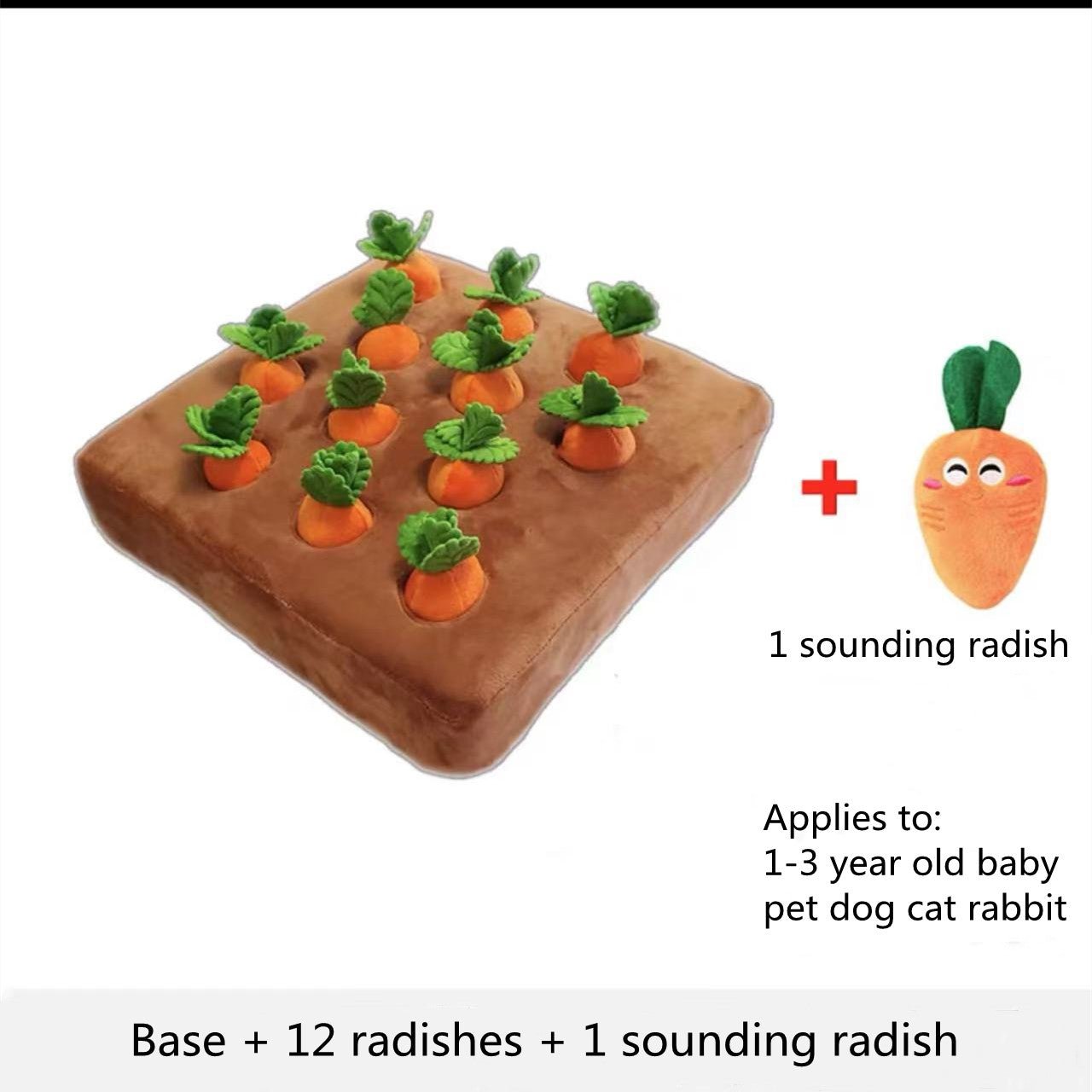 Carrot puzzle mat for pets with 12 hide-and-seek plush carrots plus one interactive sounding radish toy.