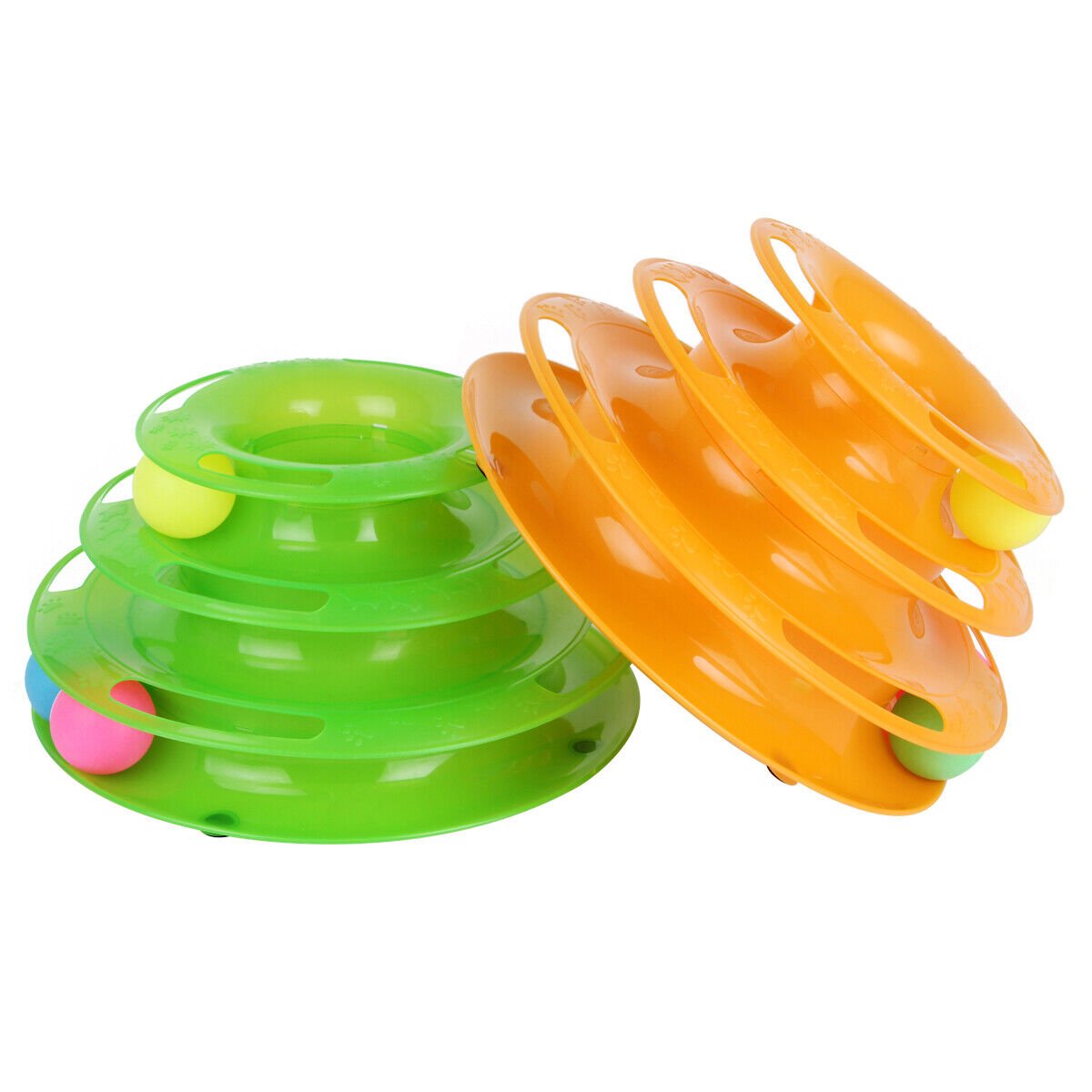 Green and orange 3-layer interactive cat track toys with rolling balls, stacked puzzle design for cats.