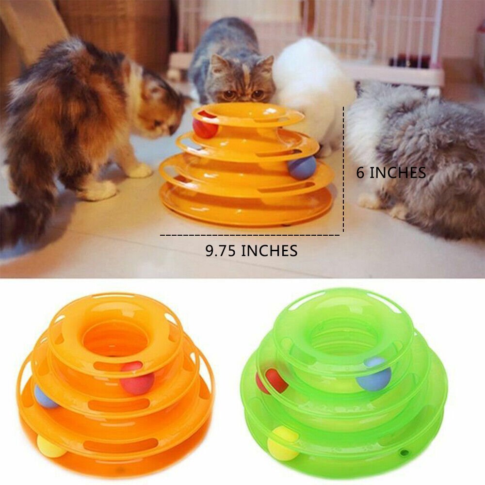 3-layer interactive cat track toy with rolling balls, shown in orange and green with multiple cats playing.