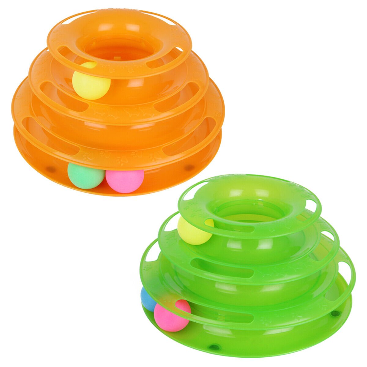 Orange and green 3-layer interactive cat track toys with rolling balls for mental stimulation and play.