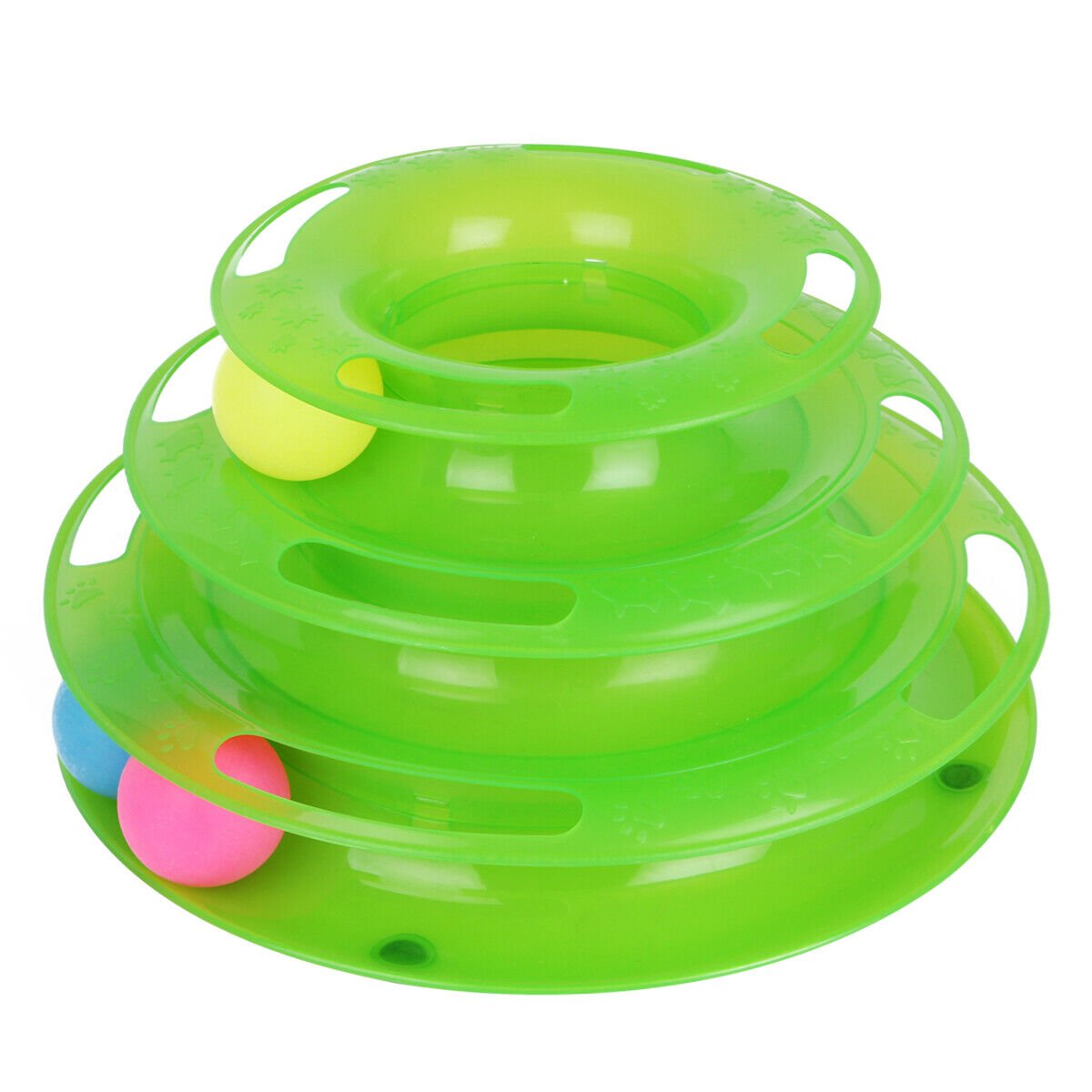 Green 3-layer interactive cat track toy with rolling balls and handle cutouts for mental enrichment.