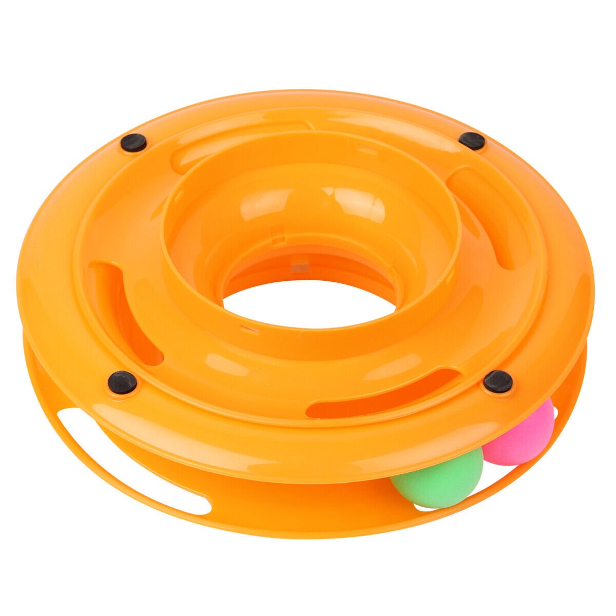 Orange 3-layer interactive cat toy with rolling balls in track design