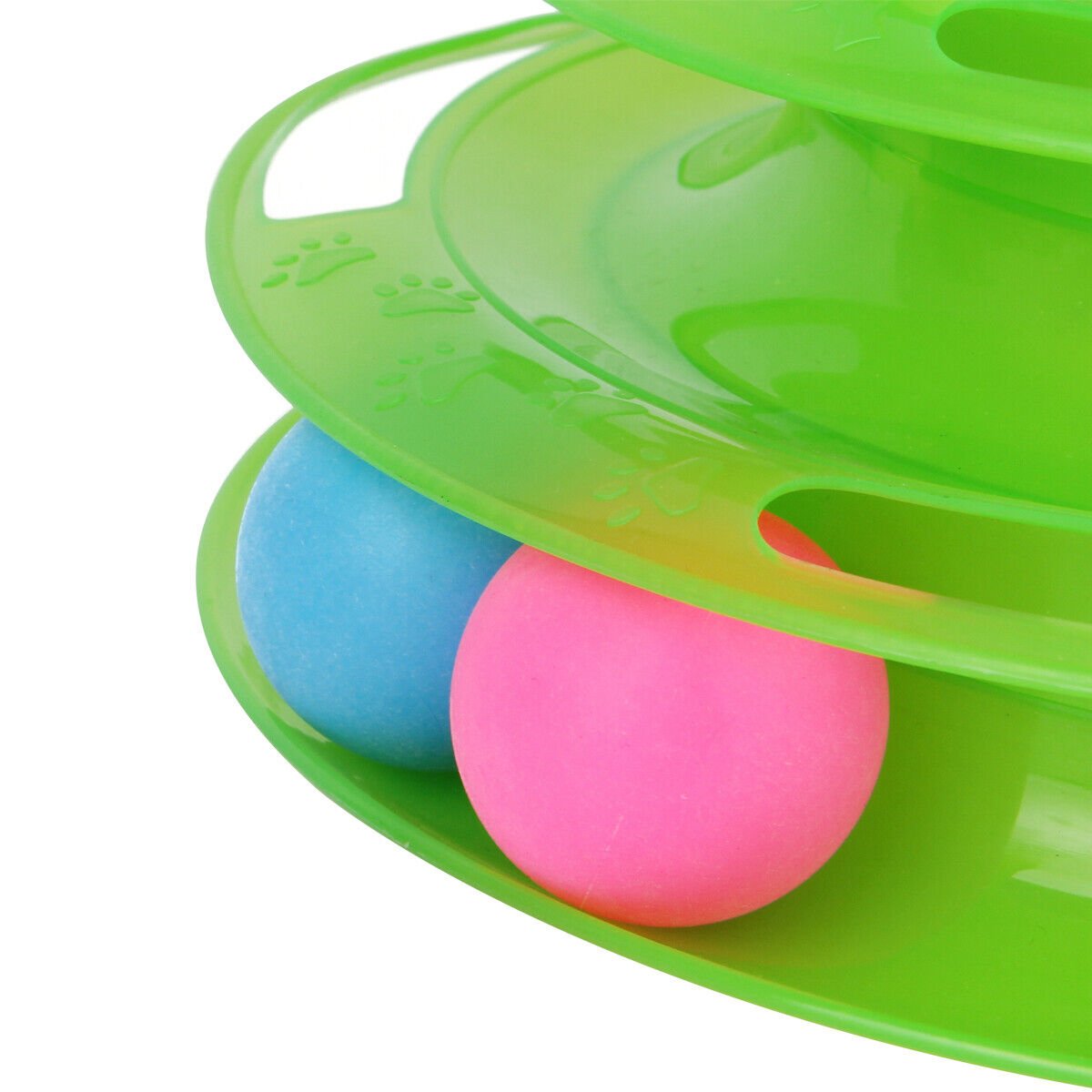 Interactive cat track toy with 3 layers and rolling colored balls in green plastic puzzle design.