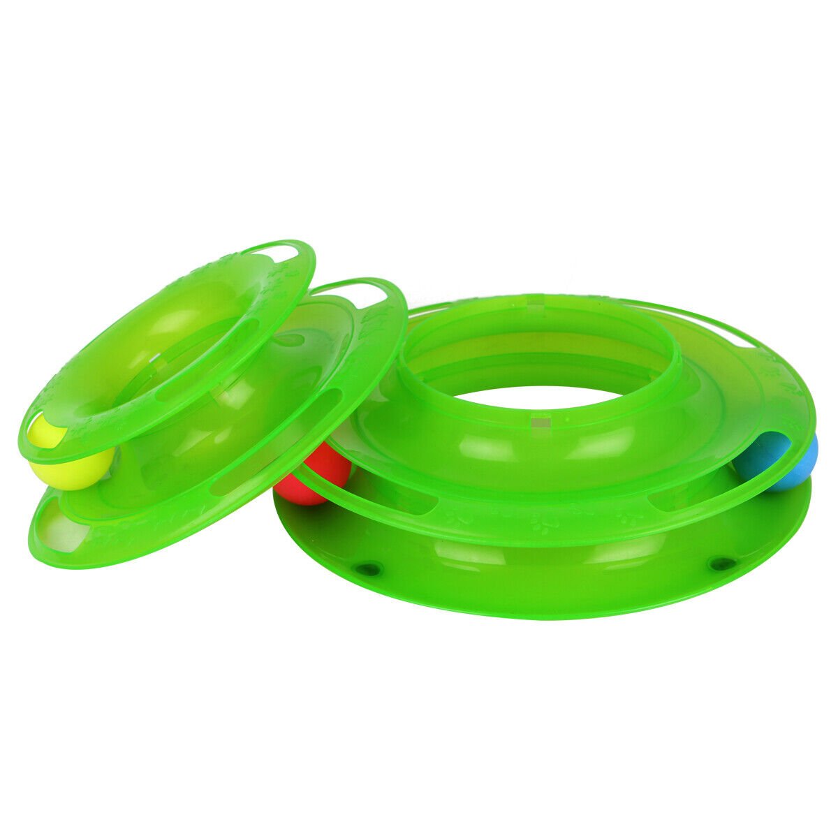 Green 3-layer interactive cat track toy with rolling balls and handles for mental stimulation.