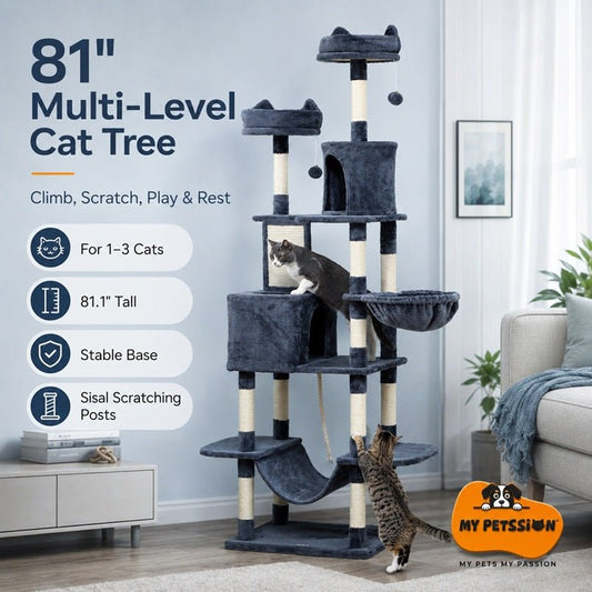 Multi-level cat tree with cats climbing and resting, featuring product details and My Petsson branding.