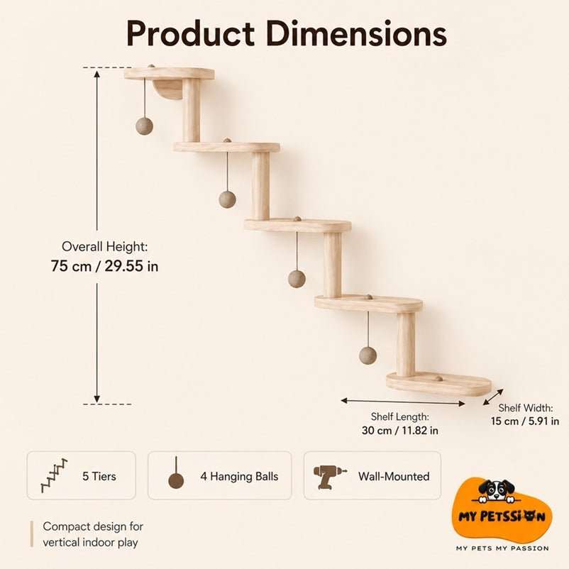 Wooden wall-mounted cat climbing frame with 5 tiers, hanging balls, and product dimensions labeled.