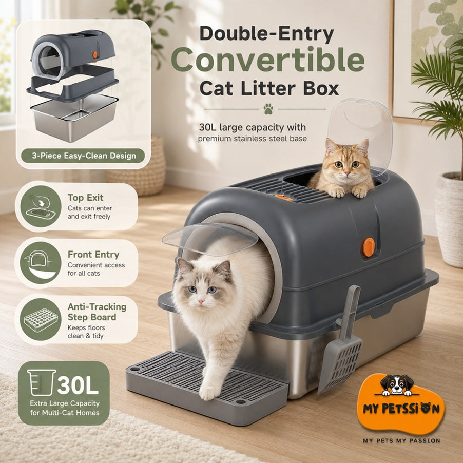 30L double-entry stainless steel cat litter box with large capacity for big cats and multi-cat homes