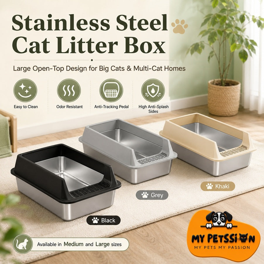 Stainless steel cat litter box in black, khaki, and grey with open-top high-sided design