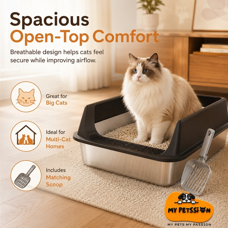 Cat sitting in a spacious open-top cat litter box with text highlighting features, on a carpeted floor.