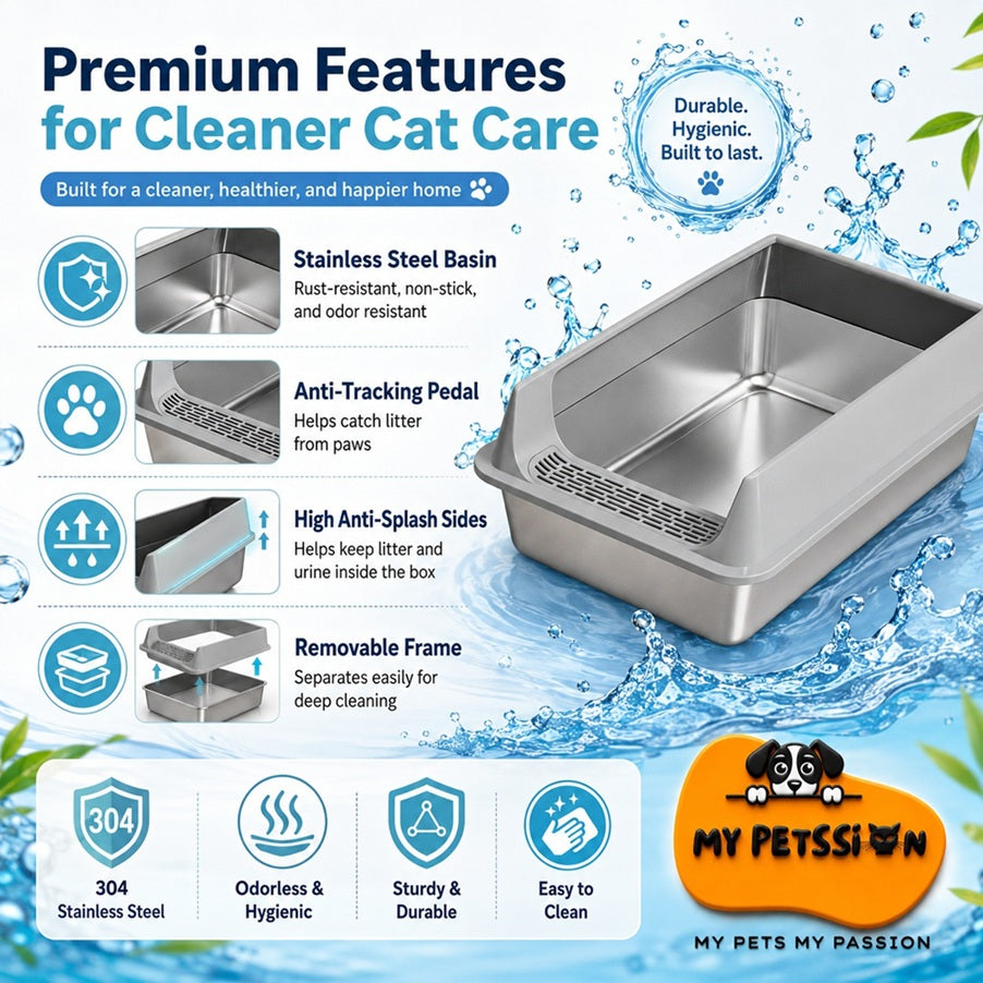 Easy-clean stainless steel cat litter box with water-rinse cleaning feature