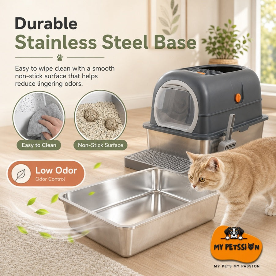 Easy-clean stainless steel cat litter tray with non-stick base and odor-control design