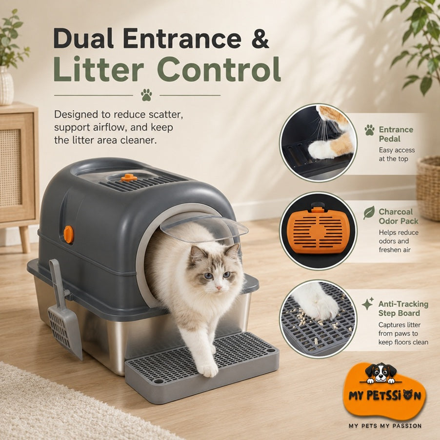 Cat litter box with features highlighted, including dual entrance and litter control system, on a neutral background.