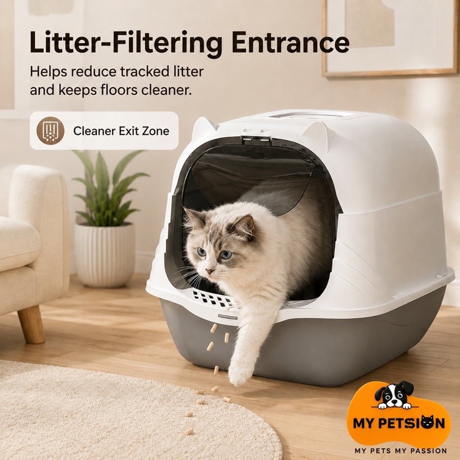 nclosed cat litter box with privacy door and litter-trapping entrance mat