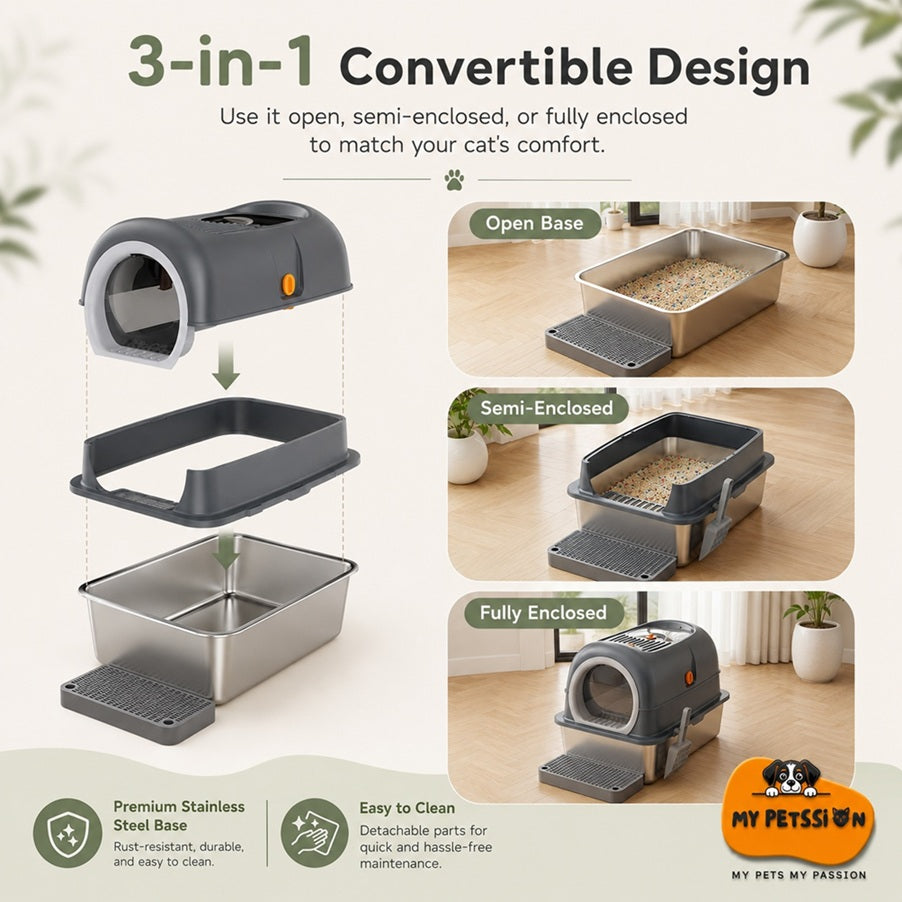 3-in-1 convertible cat litter box showing open base, semi-enclosed, and fully enclosed designs