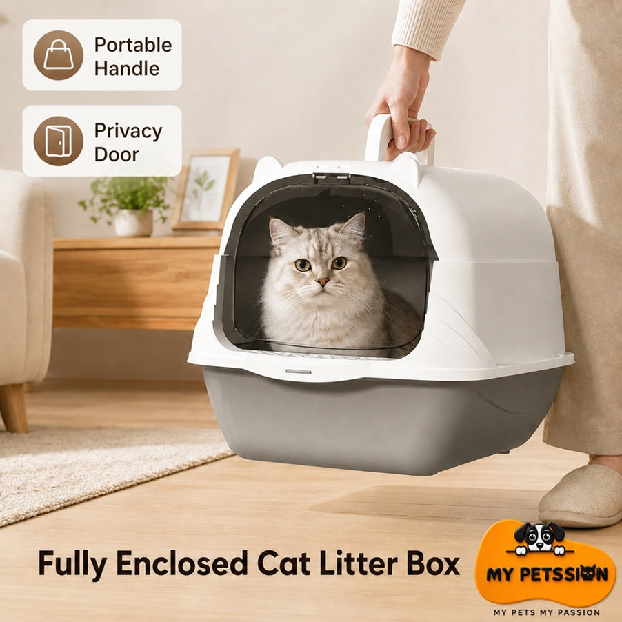 Fully enclosed gray and white cat litter box with cat inside and portable handle