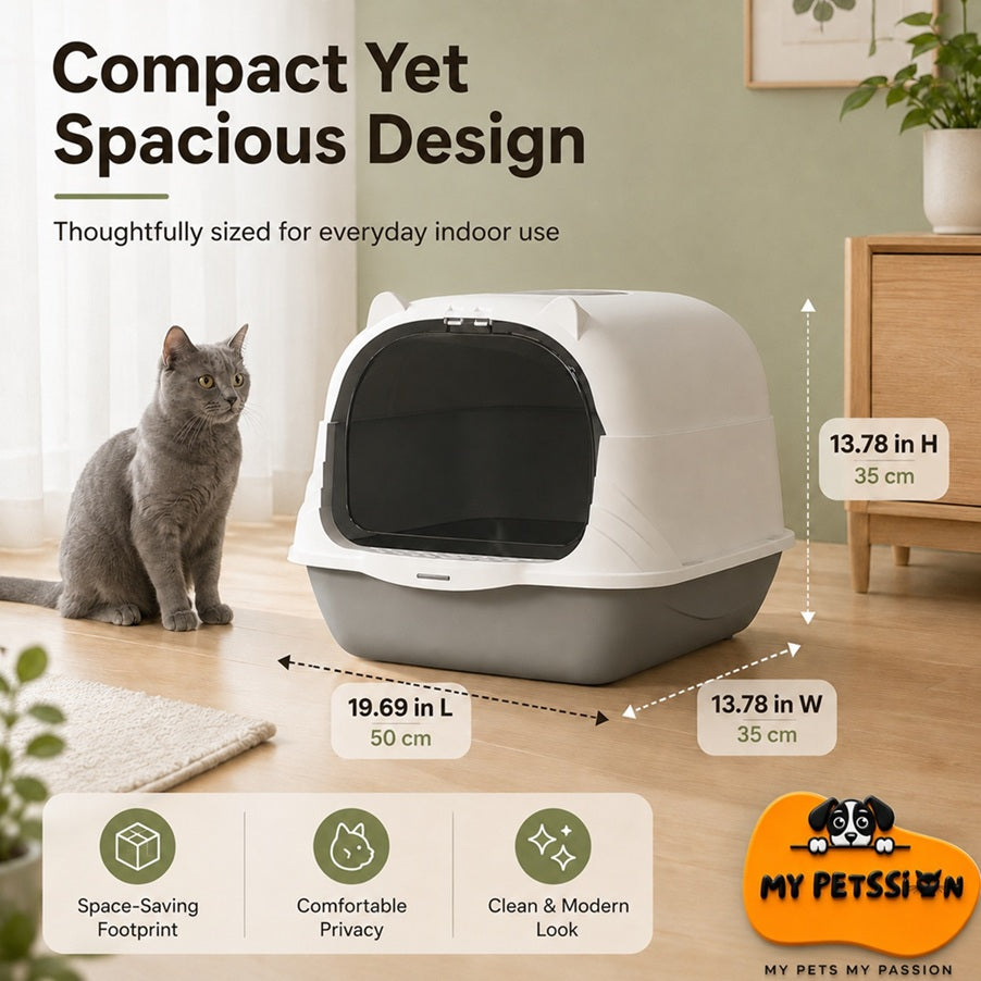 Covered cat litter box with 50 × 35 × 35 cm size dimensions for indoor cats