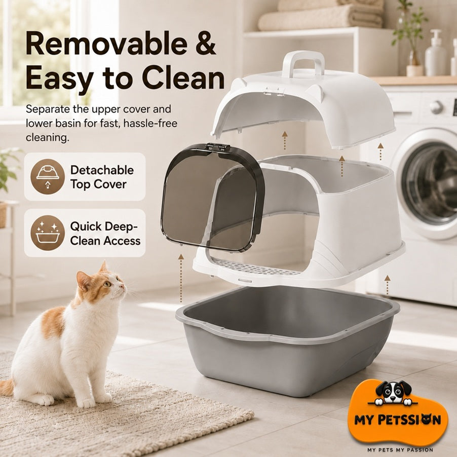 Removable enclosed cat litter box cover showing easy-clean split design