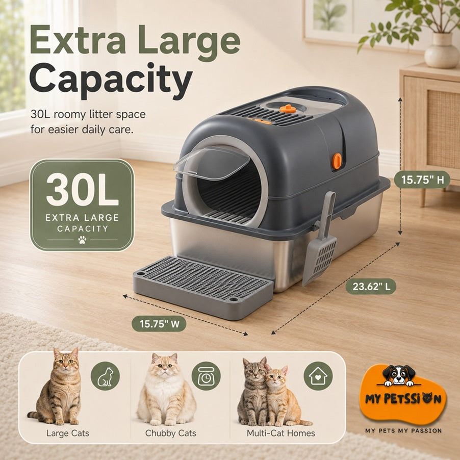 Large grey enclosed cat litter box with step board, scoop, and cats using dual-entry design