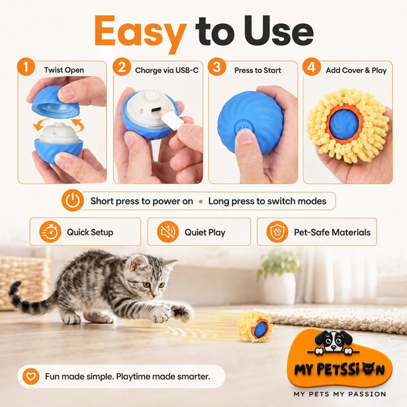 Pet toy with usage instructions and a cat playing with it, featuring the brand 'My Petssion'