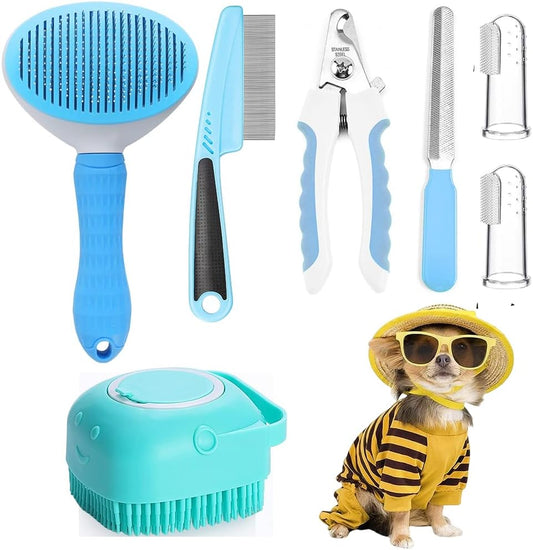 7-piece pet grooming kit with self-cleaning brush and nail clipper for dogs and cats