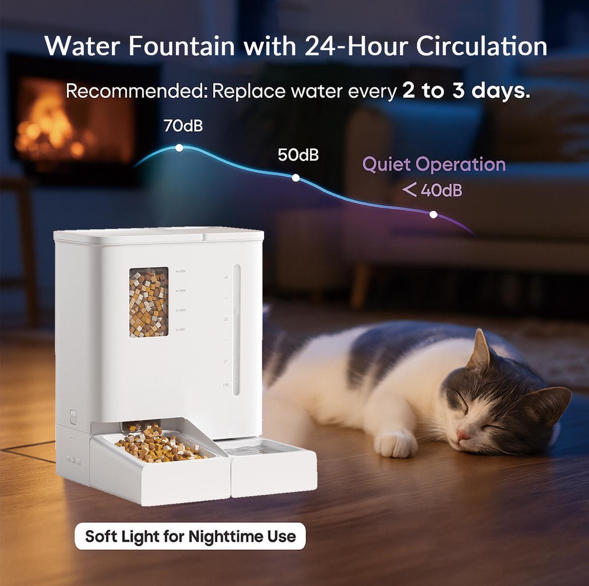 Automatic cat feeder and waterer in white with dual food and water compartments, displayed beside a cat indoors with quiet op