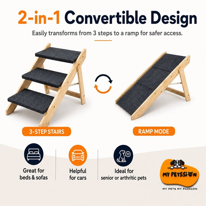 2-in-1 convertible pet ramp and stairs with text and icons on a white background