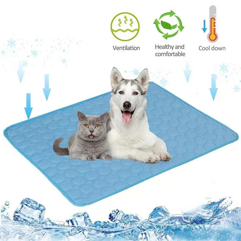 Gray cat and white husky on blue ice silk cooling mat with snowflake graphics and feature icons