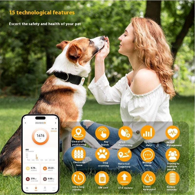 Woman petting a dog with a smartphone app interface displaying technological features in the foreground.