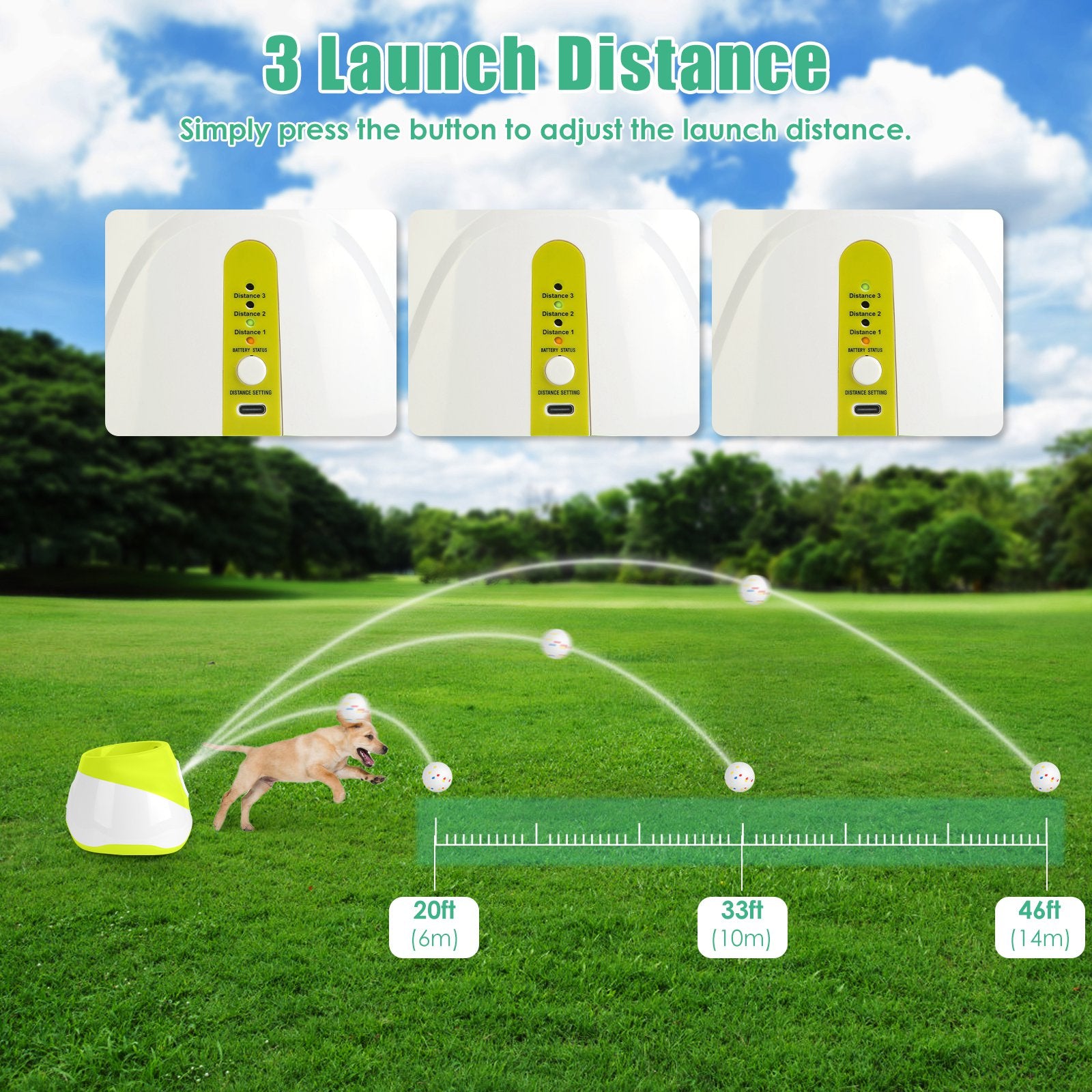 Automatic dog ball launcher with 3 adjustable distance settings: 20ft, 33ft, and 46ft for customized fetch play.