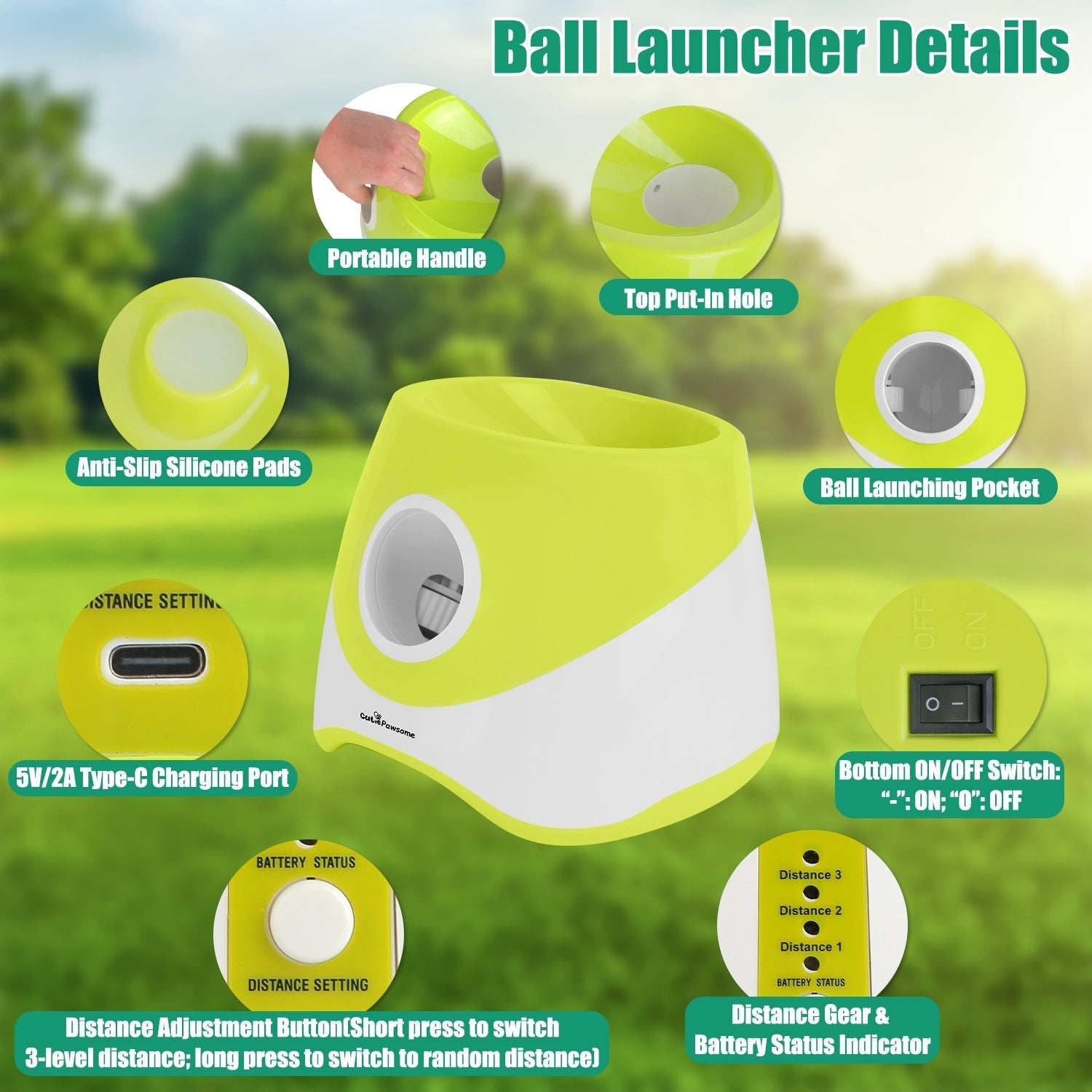 Automatic dog ball launcher diagram with labeled features: portable handle, launch pocket, distance settings, rechargeable ch