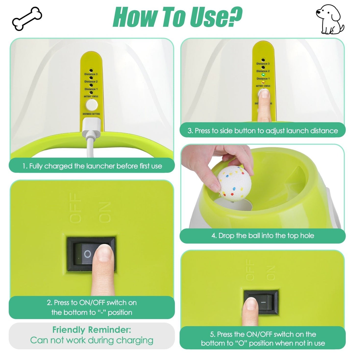Automatic dog ball launcher instructions showing charging, power controls, distance adjustment settings, and ball loading ste