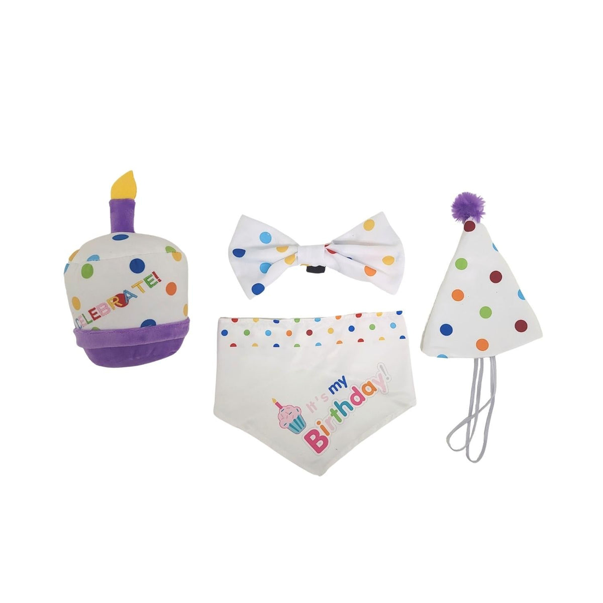 4-Piece Dog Birthday Kit with Bandana, Hat & Cake Toy