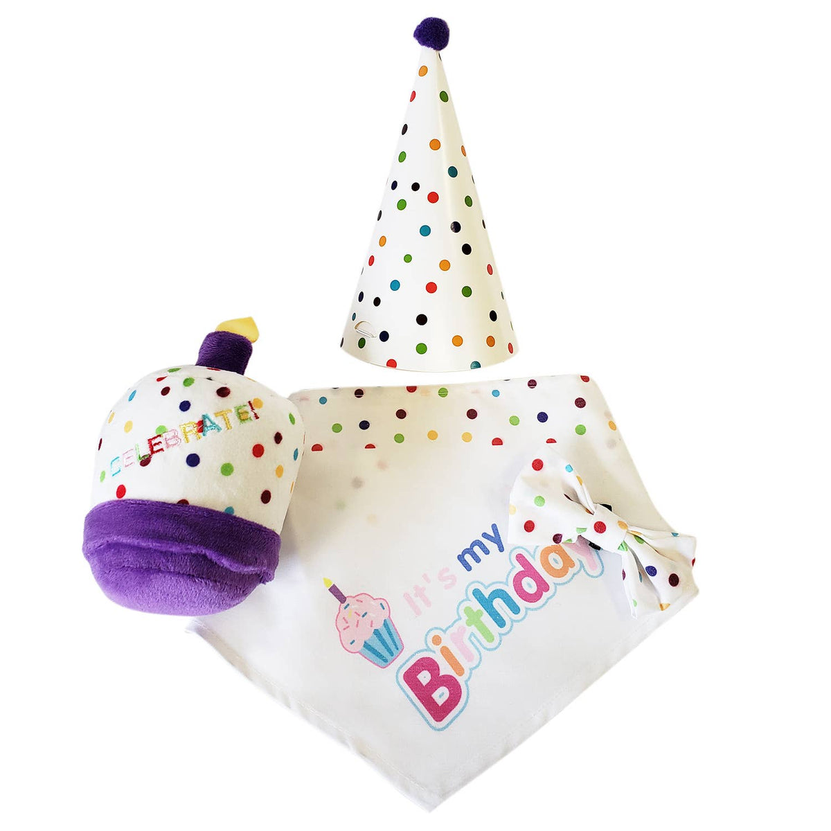 4-Piece Dog Birthday Kit with Bandana, Hat & Cake Toy