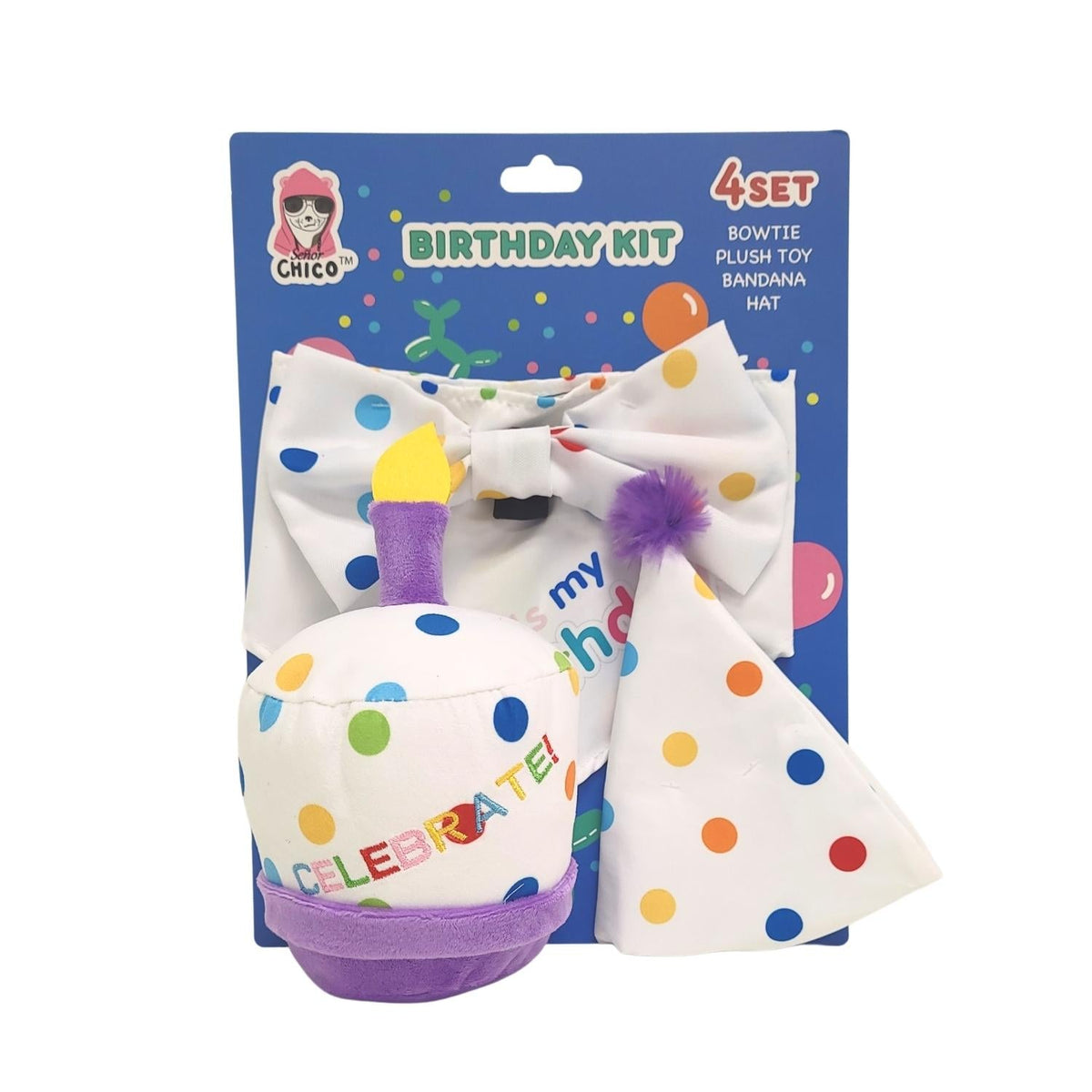 4-Piece Dog Birthday Kit with Bandana, Hat & Cake Toy